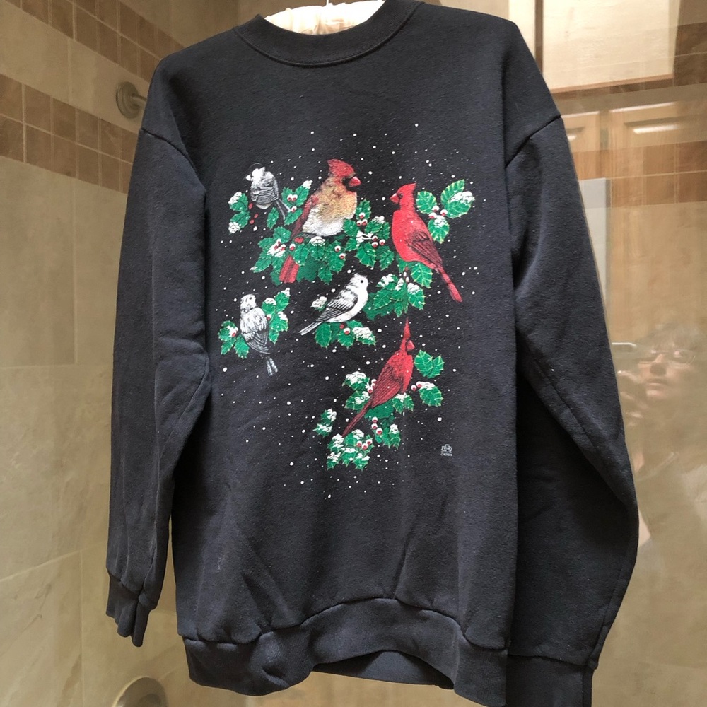 Vintage 90s Bird Sweatshirt black Holiday Cardinal Winter Christmas medium M
